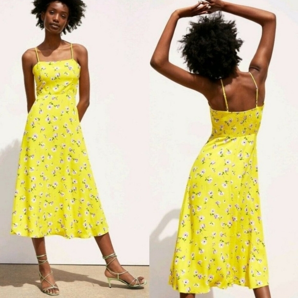 Zara Dresses & Skirts - *LIMITED EDITION* Zara Yellow Floral Maxi Dress Spaghetti Straps Smocked
